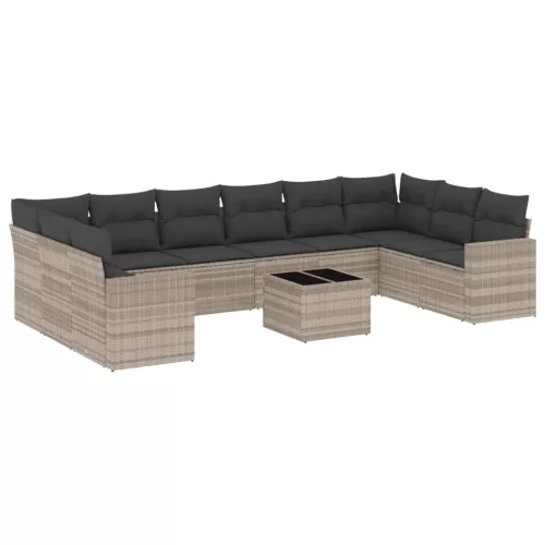  11 részes világosszürke polyrattan kerti ülőgarnitúra párnákkal