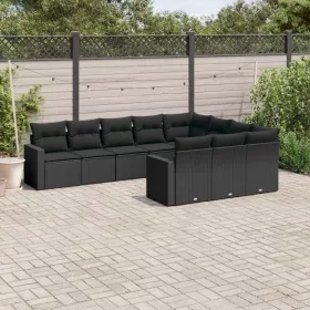    10 részes fekete polyrattan kerti ülőgarnitúra párnákkal