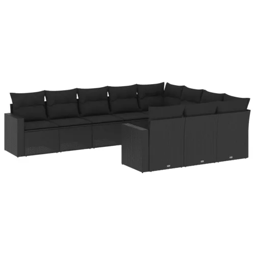  10 részes fekete polyrattan kerti ülőgarnitúra párnákkal