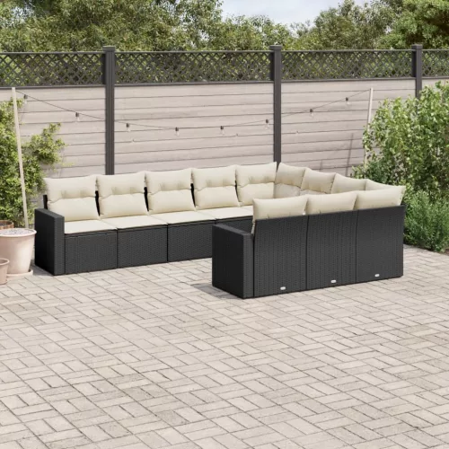  10 részes fekete polyrattan kerti ülőgarnitúra párnákkal