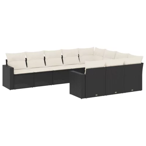  10 részes fekete polyrattan kerti ülőgarnitúra párnákkal