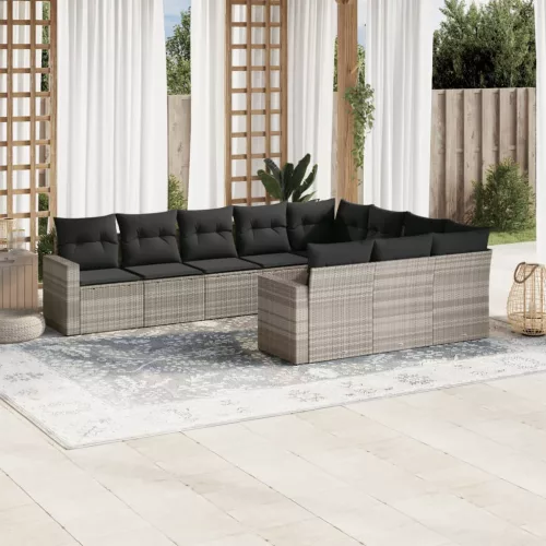  10 részes világosszürke polyrattan kerti ülőgarnitúra párnákkal