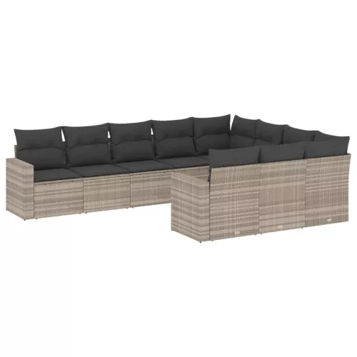  10 részes világosszürke polyrattan kerti ülőgarnitúra párnákkal