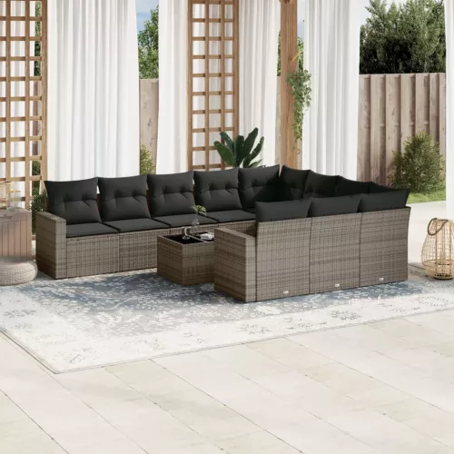  11 részes szürke polyrattan kerti ülőgarnitúra párnákkal