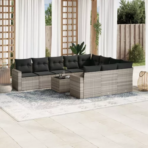  11 részes világosszürke polyrattan kerti ülőgarnitúra párnákkal