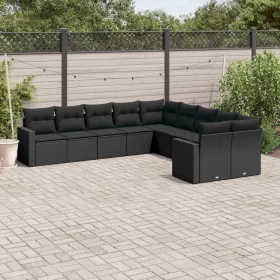    10 részes fekete polyrattan kerti ülőgarnitúra párnákkal