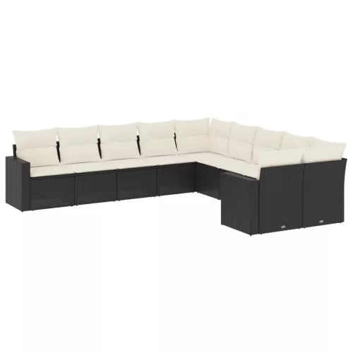  10 részes fekete polyrattan kerti ülőgarnitúra párnákkal