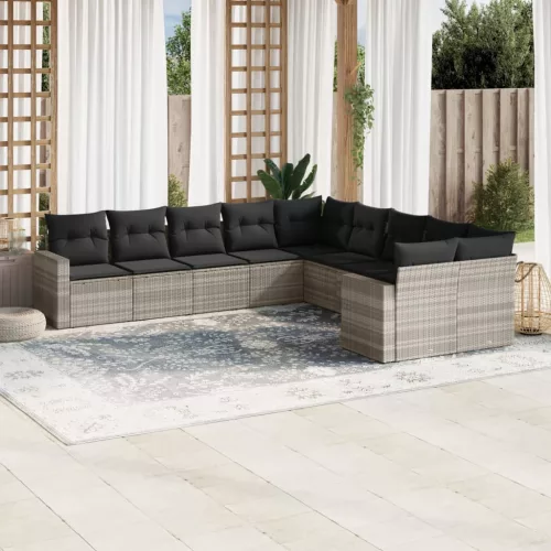  10 részes világosszürke polyrattan kerti ülőgarnitúra párnákkal