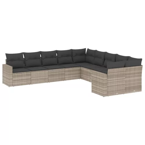  10 részes világosszürke polyrattan kerti ülőgarnitúra párnákkal