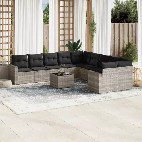  11 részes világosszürke polyrattan kerti ülőgarnitúra párnákkal