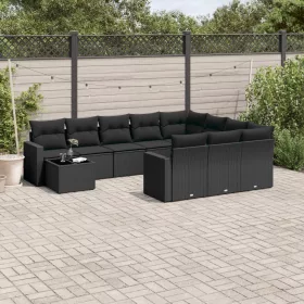    11 részes fekete polyrattan kerti ülőgarnitúra párnákkal
