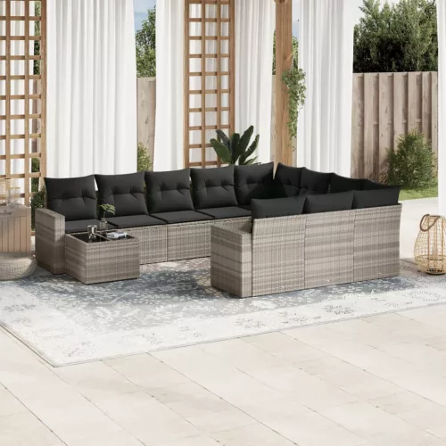  11 részes világosszürke polyrattan kerti ülőgarnitúra párnákkal