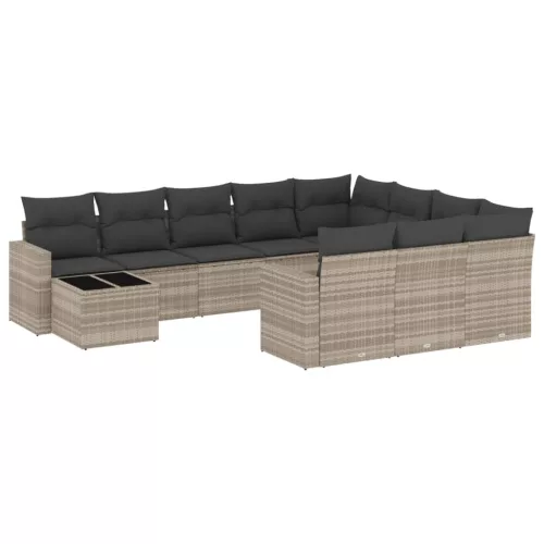  11 részes világosszürke polyrattan kerti ülőgarnitúra párnákkal
