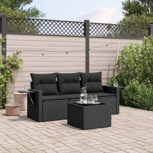  4 részes fekete polyrattan kerti ülőgarnitúra párnákkal