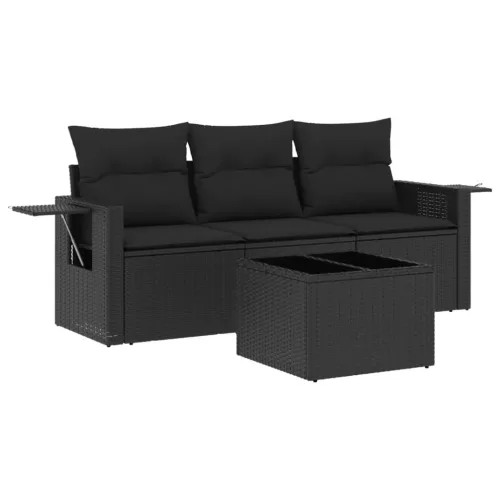  4 részes fekete polyrattan kerti ülőgarnitúra párnákkal