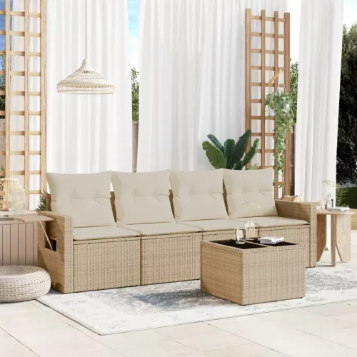  5 részes bézs polyrattan kerti ülőgarnitúra párnákkal