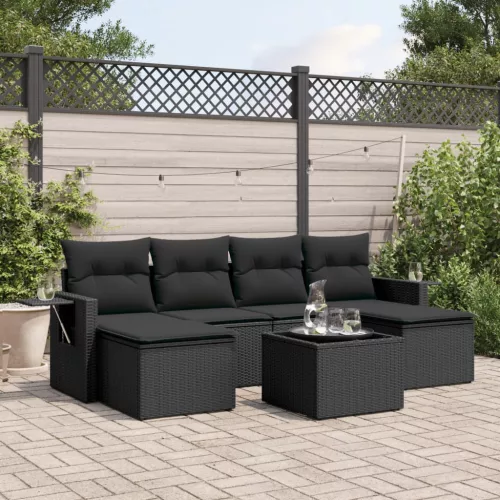  7 részes fekete polyrattan kerti ülőgarnitúra párnával