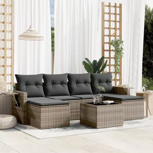  7 részes szürke polyrattan kerti ülőgarnitúra párnákkal