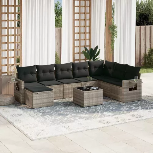  9 részes világosszürke polyrattan kerti ülőgarnitúra párnával