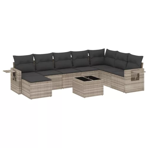  9 részes világosszürke polyrattan kerti ülőgarnitúra párnával