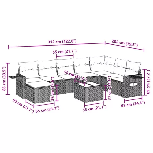  9 részes világosszürke polyrattan kerti ülőgarnitúra párnával