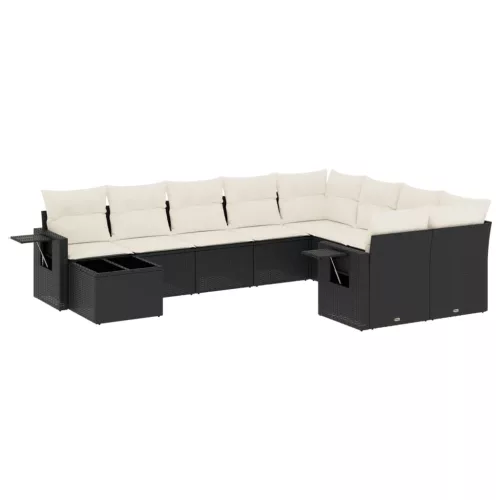  10 részes fekete polyrattan kerti ülőgarnitúra párnákkal
