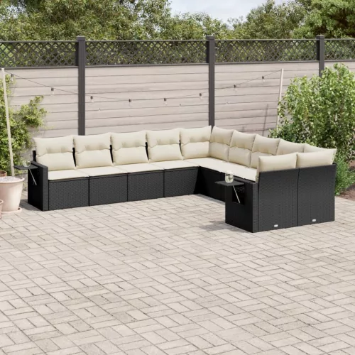  10 részes fekete polyrattan kerti ülőgarnitúra párnákkal