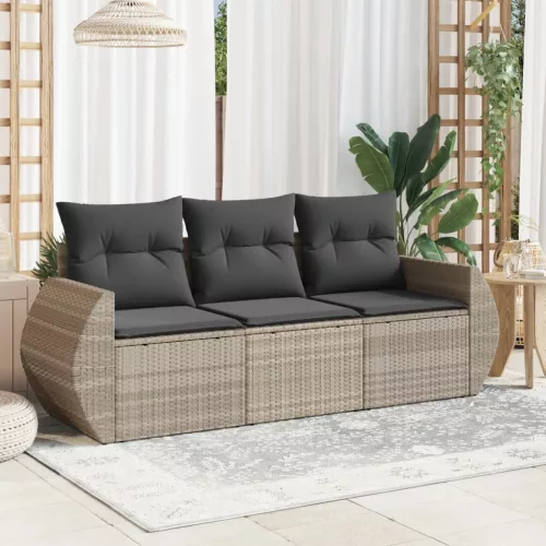  3 részes világosszürke polyrattan kerti ülőgarnitúra párnával