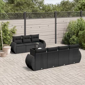    8 részes fekete polyrattan kerti ülőgarnitúra párnákkal