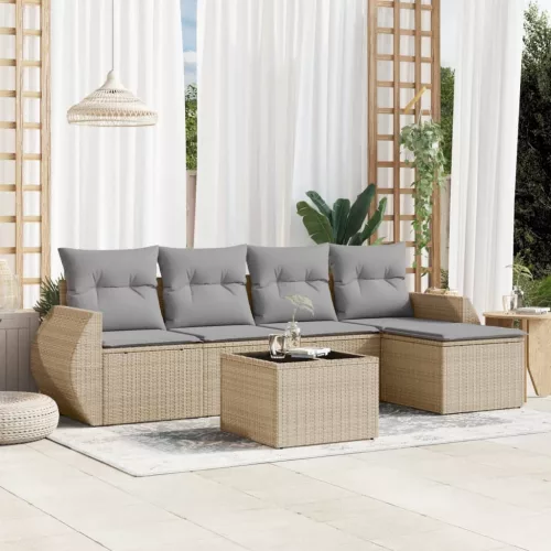  6 részes bézs polyrattan kerti ülőgarnitúra párnával