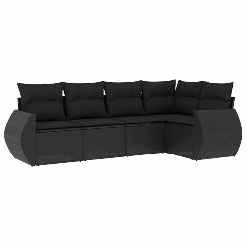  5 részes fekete polyrattan kerti kanapészett párnákkal