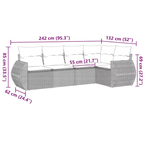  5 részes fekete polyrattan kerti kanapészett párnákkal