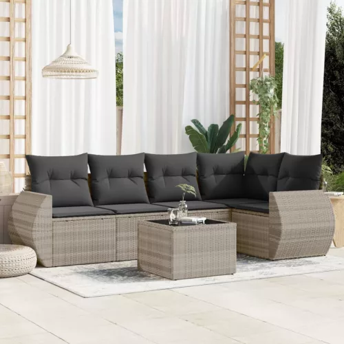  6 részes világosszürke polyrattan kerti ülőgarnitúra párnákkal
