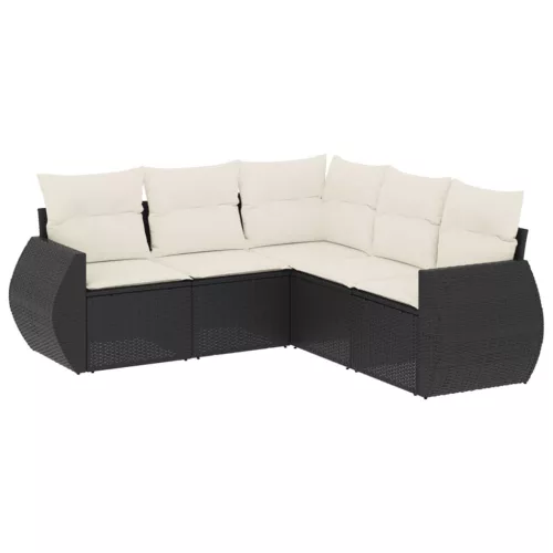  5 részes fekete polyrattan kerti kanapészett párnákkal