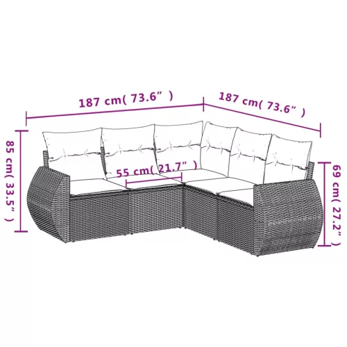  5 részes fekete polyrattan kerti kanapészett párnákkal
