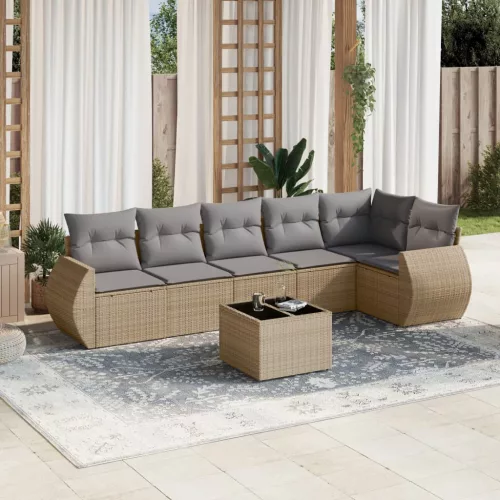  7 részes bézs polyrattan kerti ülőgarnitúra párnákkal