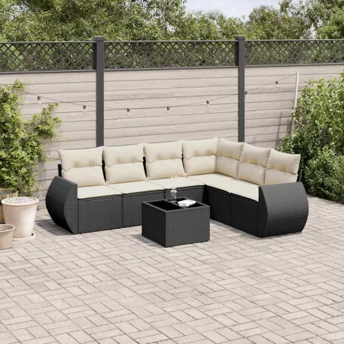  7 részes fekete polyrattan kerti ülőgarnitúra párnával