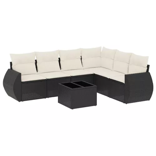  7 részes fekete polyrattan kerti ülőgarnitúra párnával