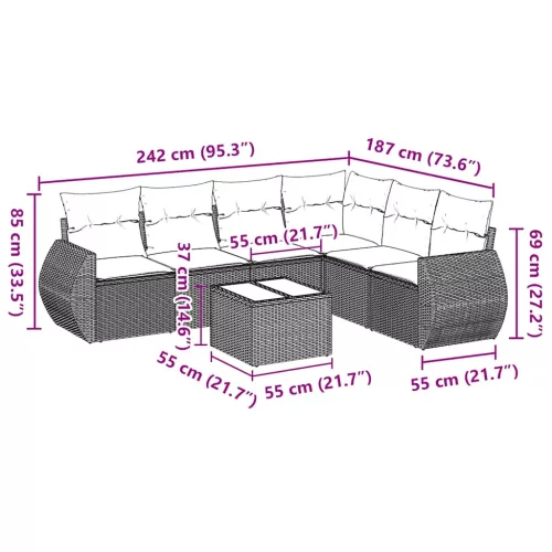  7 részes fekete polyrattan kerti ülőgarnitúra párnával
