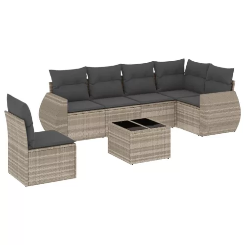  7 részes világosszürke polyrattan kerti ülőgarnitúra párnákkal