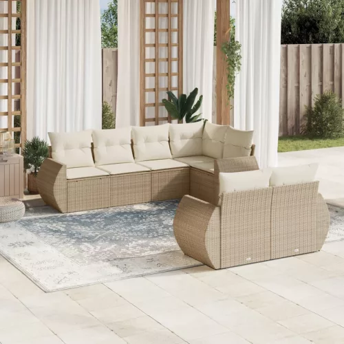  7 részes bézs polyrattan kerti ülőgarnitúra párnákkal