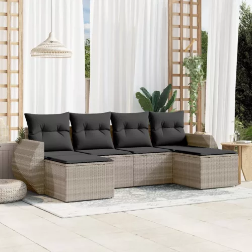  6 részes világosszürke polyrattan kerti ülőgarnitúra párnákkal