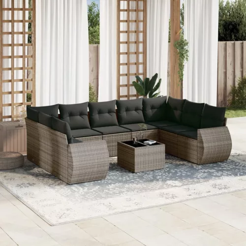  10 részes szürke polyrattan kerti ülőgarnitúra párnákkal