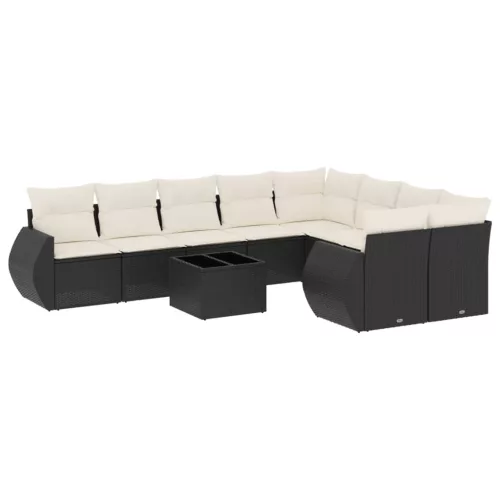  10 részes fekete polyrattan kerti ülőgarnitúra párnákkal