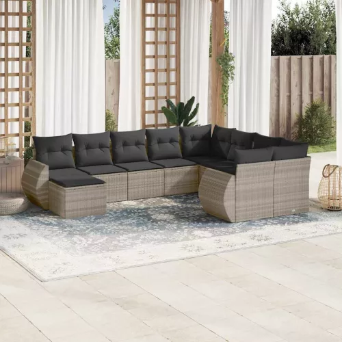 10 részes világosszürke polyrattan kerti ülőgarnitúra párnákkal