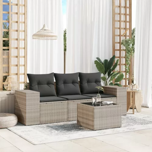 4 részes világosszürke polyrattan kerti ülőgarnitúra párnákkal