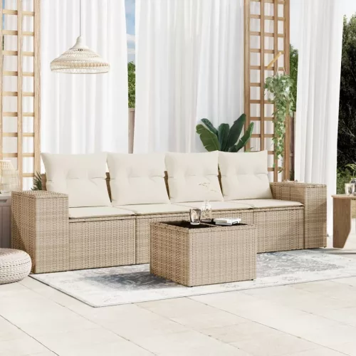  5 részes bézs polyrattan kerti ülőgarnitúra párnákkal