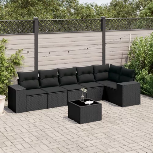  7 részes fekete polyrattan kerti ülőgarnitúra párnával