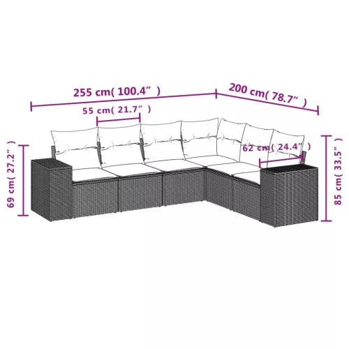  6 részes fekete polyrattan kerti ülőgarnitúra párnákkal