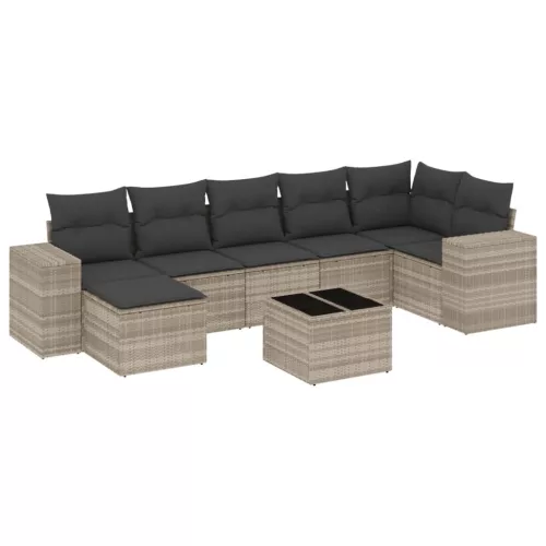  8 részes világosszürke polyrattan kerti ülőgarnitúra párnával
